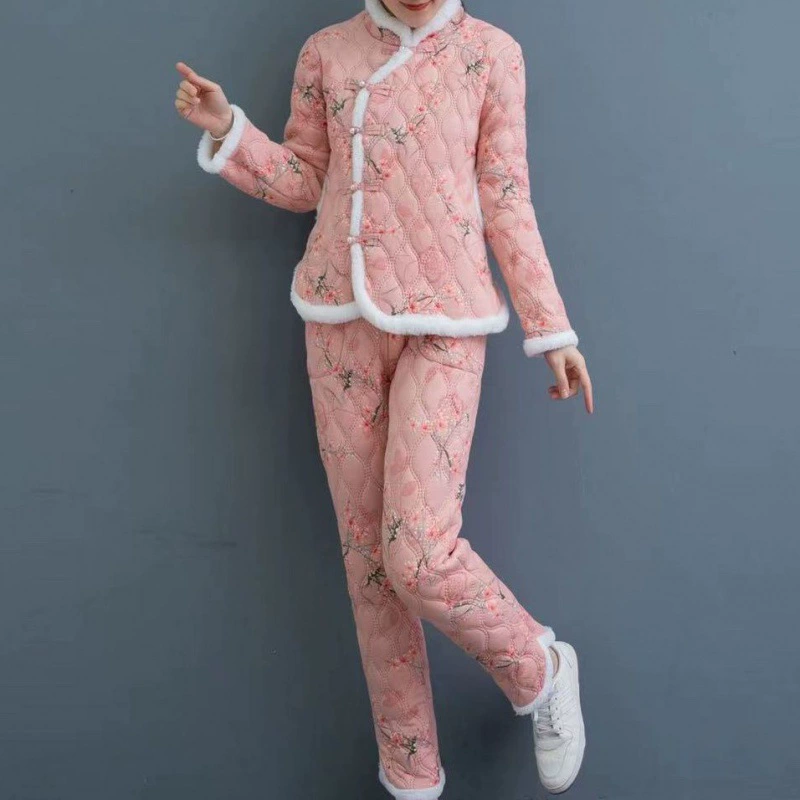 Северо-восточная куртка на хлопковой подкладке в этническом стиле, женское хлопковое пальто с цветочным принтом, утолщенное теплое хлопковое пальто на флисовой подкладке и комплект брюк.