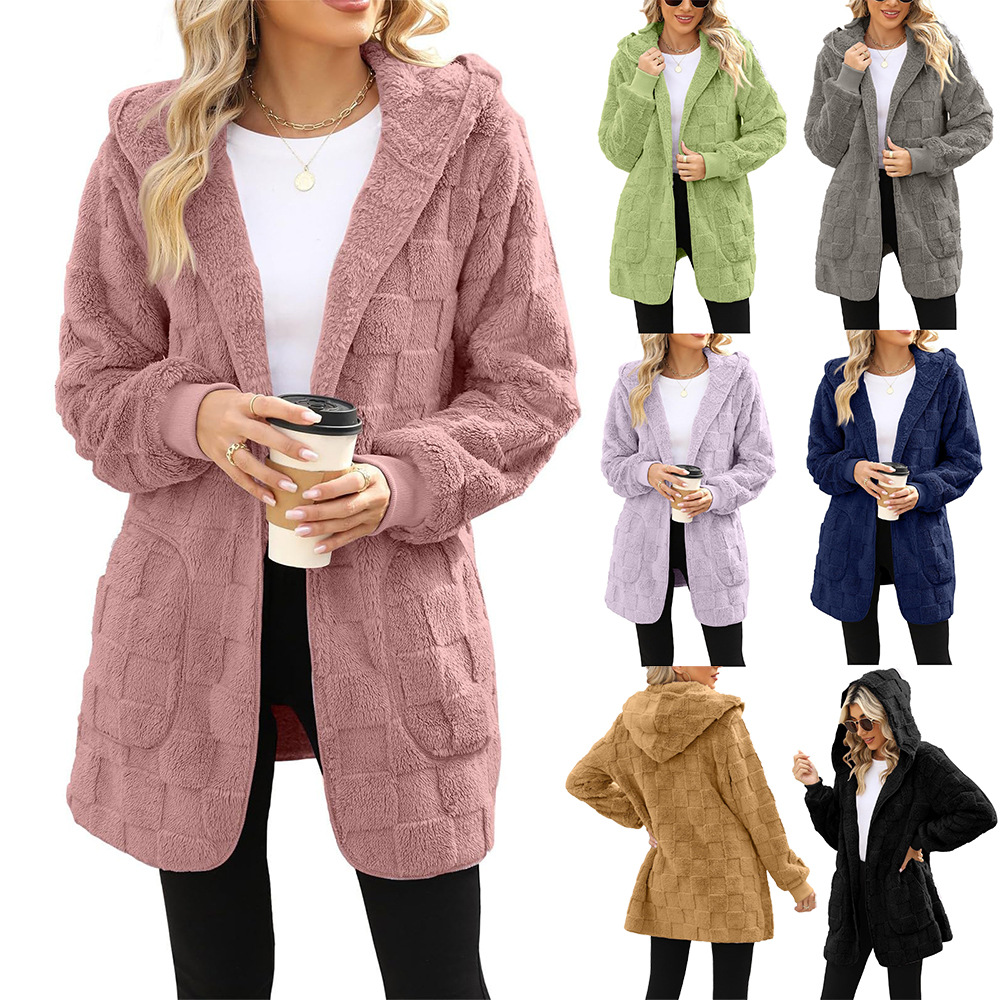 2024 Europe and the United States cross-border Amazon winter new cardigan plaid jacquard hooded pocket plush cardigan coat women