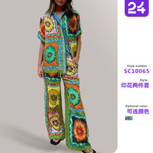 M欧美跨境亚马逊速卖通时尚个性印花短袖度假休闲宽松两件套套装
