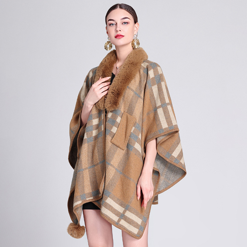 Locker gestrickter Damen-Cardigan-Mantel mit Pelzkragen und Haarballen-Jacquard-Umhang_voghion.com
