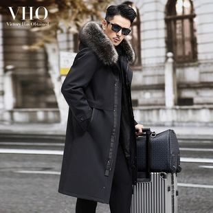 Large raccoon fur collar men's long over-the-knee fur coat winter fur integrated rabbit fur liner coat