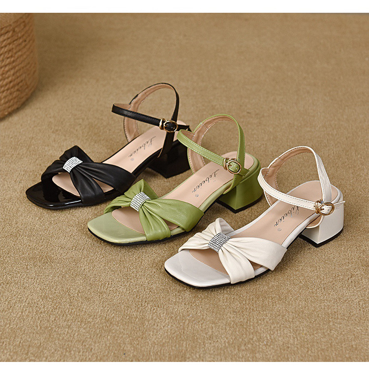 Sandal hở mũi nữ da thật gót vuông quai ngang thanh lịch — Màu đen chi tiết 4