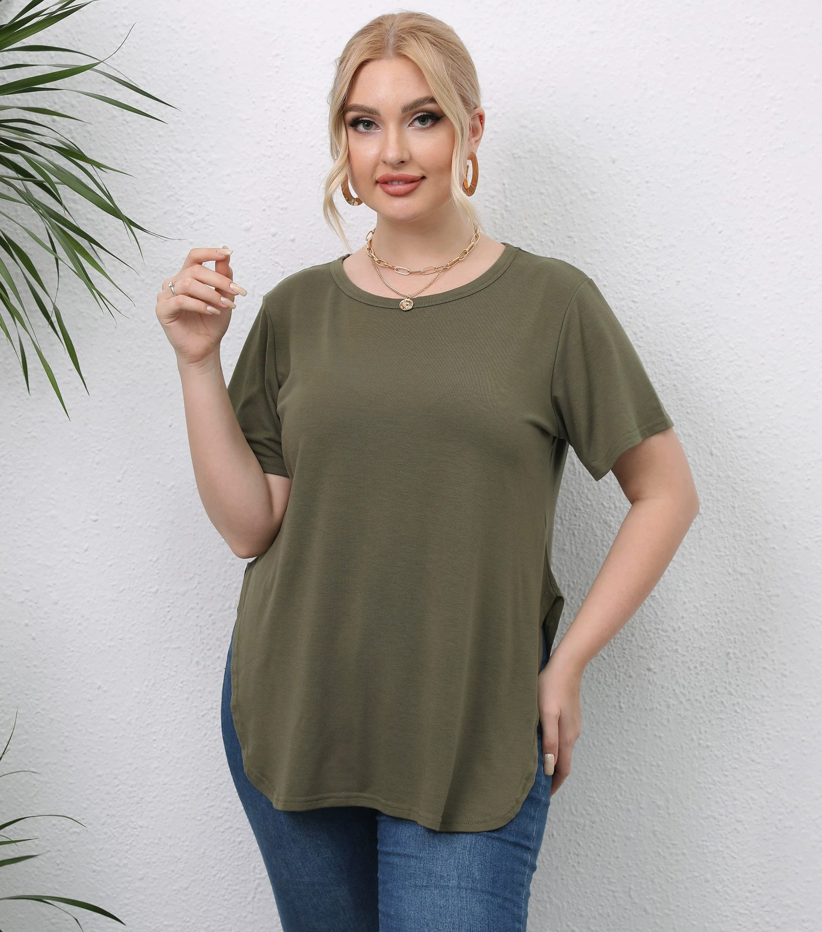 Европейский и американский плюс размер Женская трансграничная поставка Фабрика Повседневная простая футболка с круглым вырезом и коротким рукавом, 200210