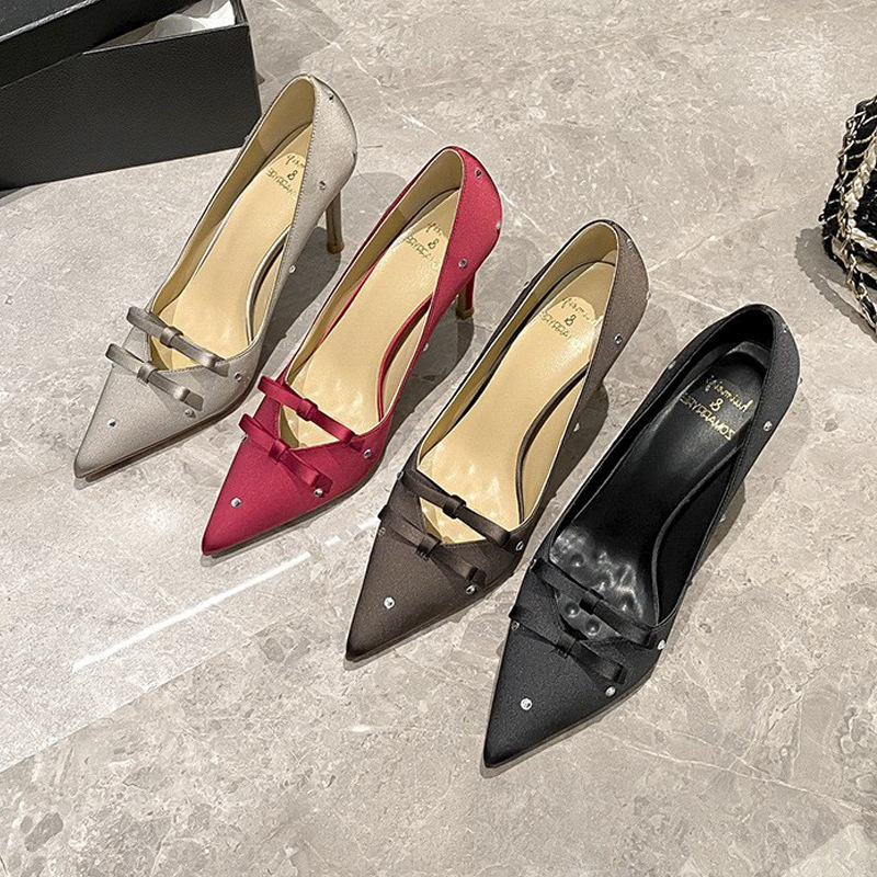 2026 Spring and Autumn New Style Bowknot Sexy V-Neck Fashion Rhinestone Wedding Shoes Comfortable Pointed Toe Elegant Stiletto Heels