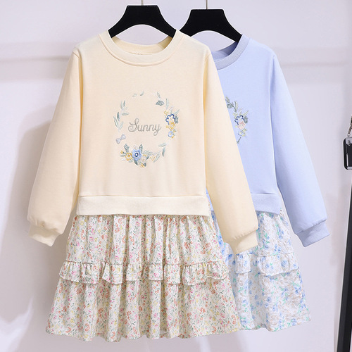 Girls' dress spring long-sleeved fashionable fake two-piece sweatshirt spliced ​​floral skirt spring and autumn children's princess skirt
