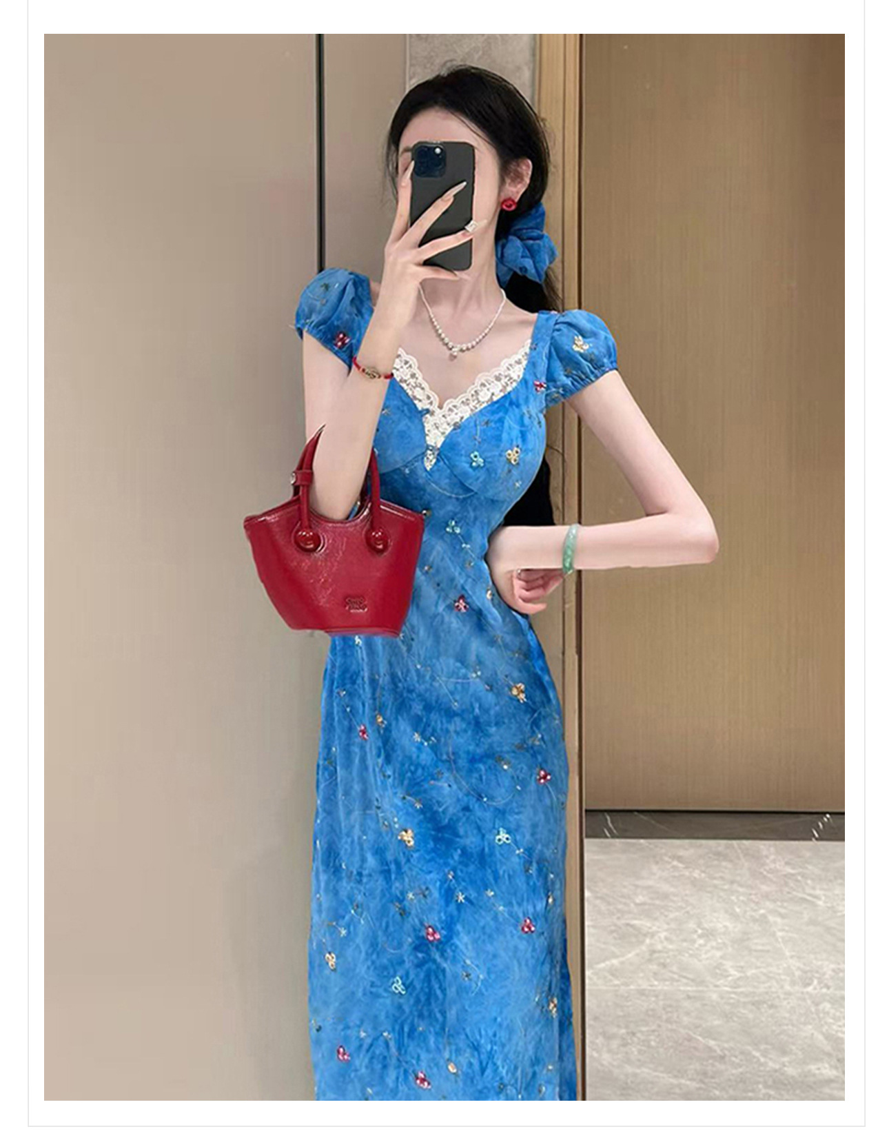 Váy maxi nữ in họa tiết phong cách Pháp thêu tay thanh lịch mùa hè N4097 — Xanh lam nhỏ chi tiết 3