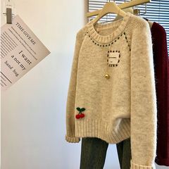 韩系复古樱桃圆领套头毛衣女秋冬季宽松慵懒风感加厚针织上衣