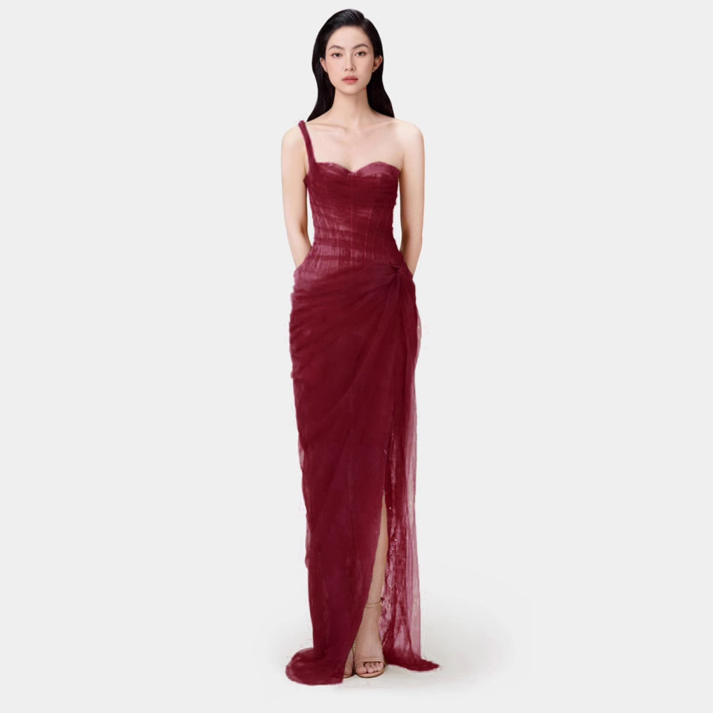 Party Dress Vietnam Niche Summer New Light Veil Tube-length Strap dress Dress Light Mature Style Mesh Dress