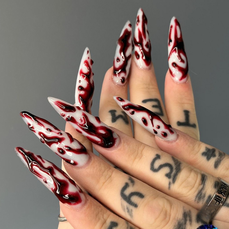 Wm-480 Red Blood Pattern Long Pointed Nail Tips Halloween Blood Drop Dark High-End 24-Piece Wearable Nail Tips Wholesale