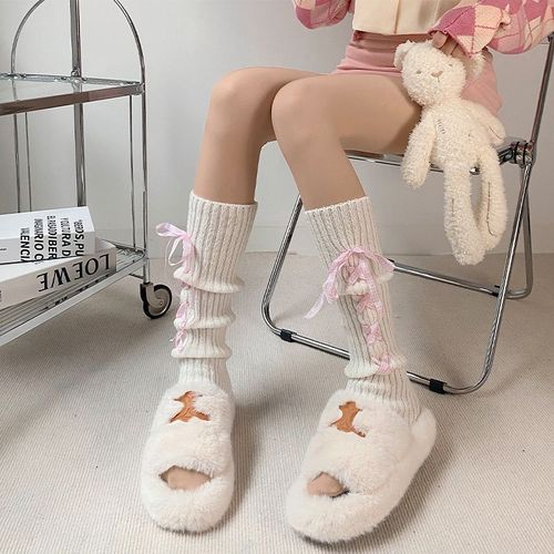 Japanese cute cross lacing JK socks autumn and winter warm leg sleeve long tube socks vertical stripe lolita pile socks 