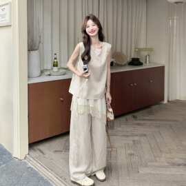 燕麦色复古背心蕾丝屁帘阔腿裤套装女夏日2026新款俏皮休闲两件套