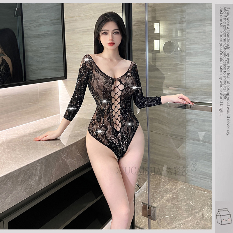 Women’s Fishnet Bodystocking, Black Polyester, Open-Crotch Design, Plus Size — detail image 12