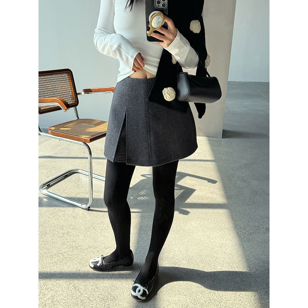 【王琪芝】羊毛高腰开叉加厚毛呢裙裤女韩版设计感A字半身裙WQ117