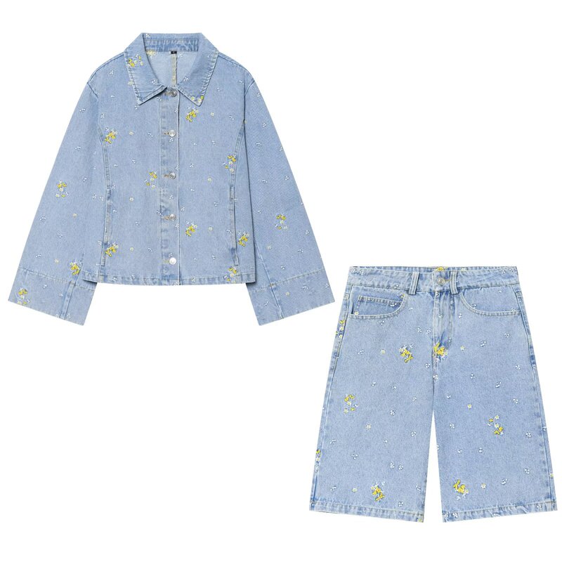 Za Foreign Trade Wholesale European and American Style Women's Fashion Embroidered Floral Denim Jacket and Shorts 7147032 Za Foreign Trade Wholesale European and American Style Women's Fashion Embroidered Floral Denim Jacket and Shorts 7147032