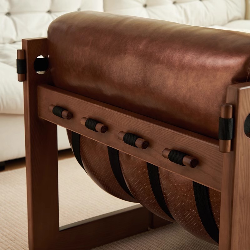 Sofá de madera sólida para una sola persona sala de estar relajado sillón de cuero simple moderno pequeño estilo de cuero medieval