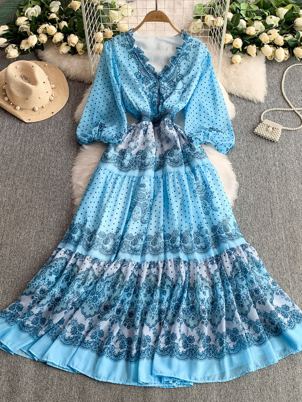 French-Style Retro Elegant Ruffled V-Neck Lantern Sleeve Dress for Women, Summer Waist-Cinching Slimming Printed Long Dress