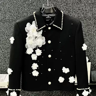 高级感立体珍珠钉珠夹克时尚短款外套设计感痞帅个性花朵痞帅夹克