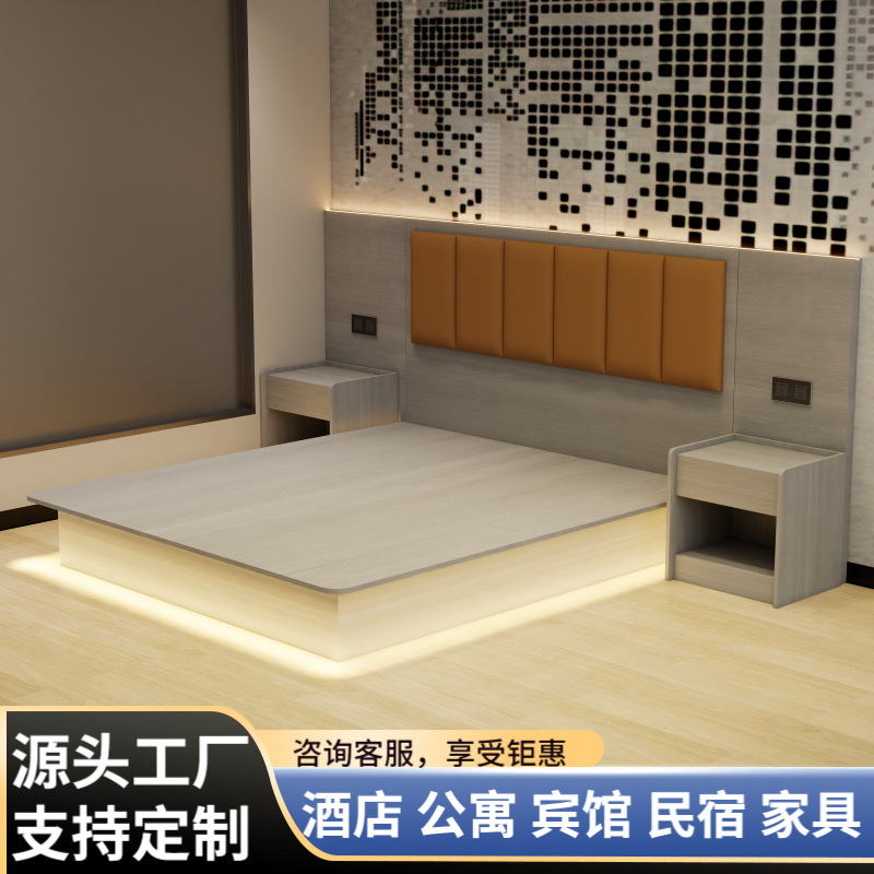 Cama de hotel, cama con cajón y tira de luz para alojamiento, cama para habitación de apartamento tipo B&B, muebles de hotel modernos y minimalistas, juego completo para habitación estándar