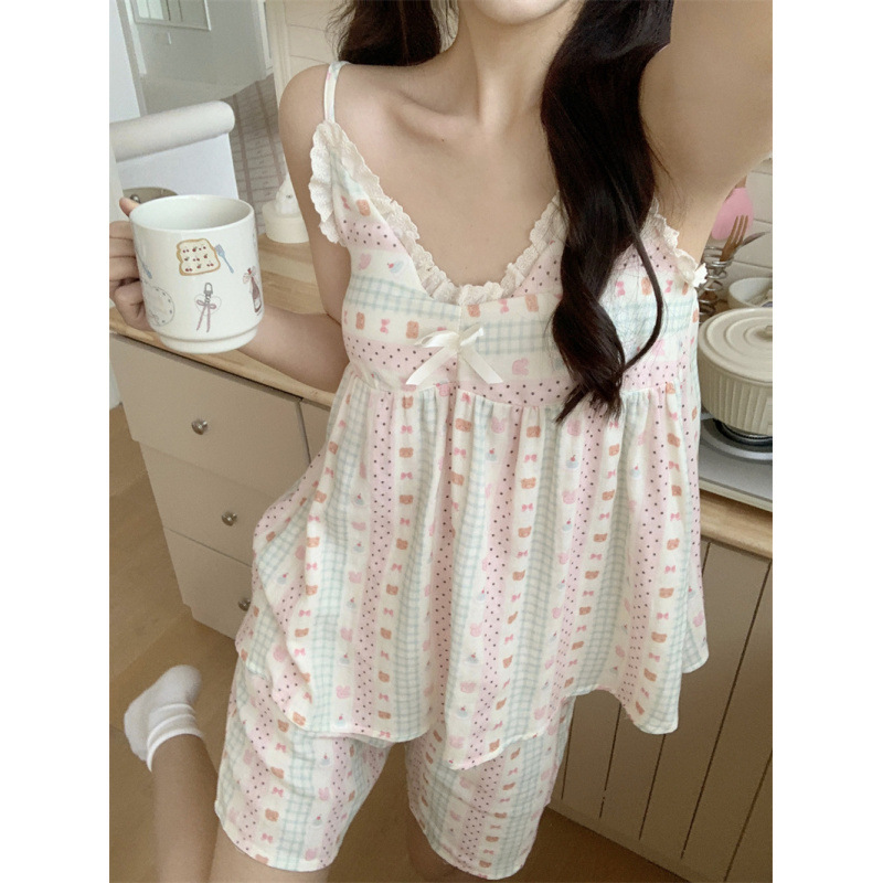 Real Shot of 2025 Sweet Bow Lace Double-Layer Gauze Floral Suspender Bra Pad Home Wear Pajamas Set