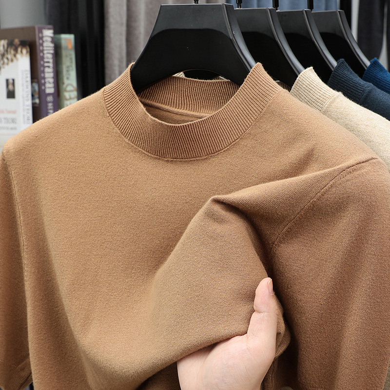 Cross-Border Short-Sleeved Sweater for Men, Half-Turtleneck, Thin Imitation Knitwear, Export Half-Sleeved Casual Knit T-Shirt for Young People Cross-Border Short-Sleeved Sweater for Men, Half-Turtleneck, Thin Imitation Knitwear, Export Half-Sleeved Casual Knit T-Shirt for Young People