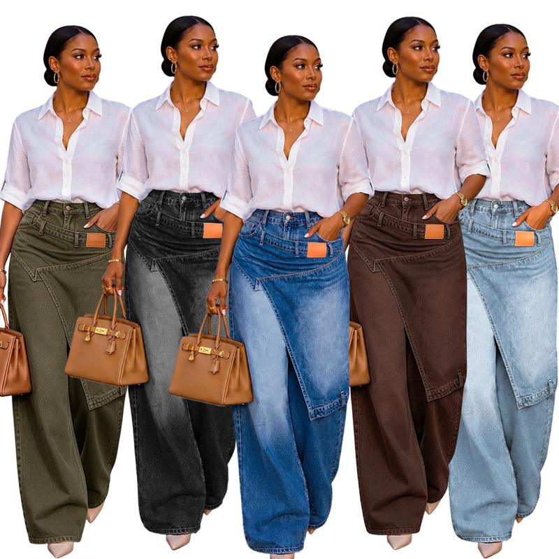 S391629 Cross-Border European and American Design Irregular Denim Wide-Leg Pants for Women, Workwear Style, Loose Straight Long Pants with Drape Effect
