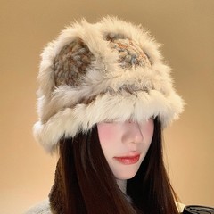 2025新款真兔毛云朵针织醒狮帽子女冬季保暖毛绒绒百搭盆帽显脸小