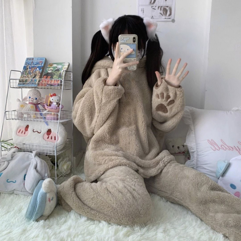 (2개) INS 귀여운 곰 보물 산호 양털 잠옷 여성의 겨울 기모 두꺼운 따뜻한 플란넬 한국식 홈웨어 세트