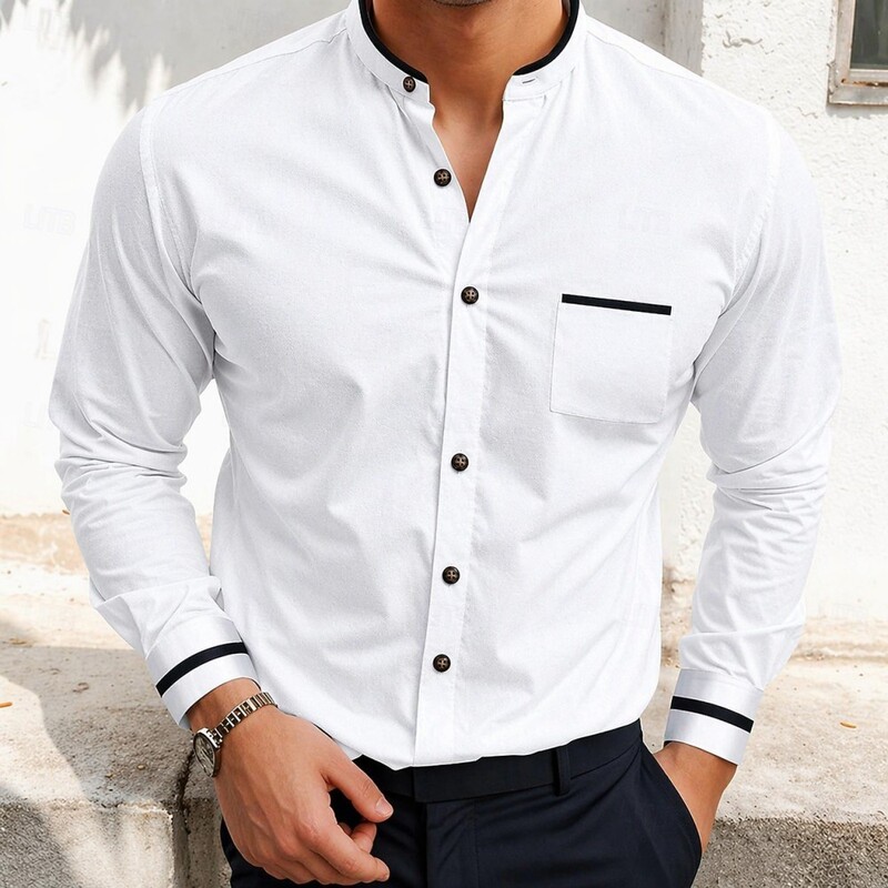 Simple men's shirt, solid color, high collar, long sleeves, with decorative side pockets, suitable for everyday wear Simple men's shirt, solid color, high collar, long sleeves, with decorative side pockets, suitable for everyday wear