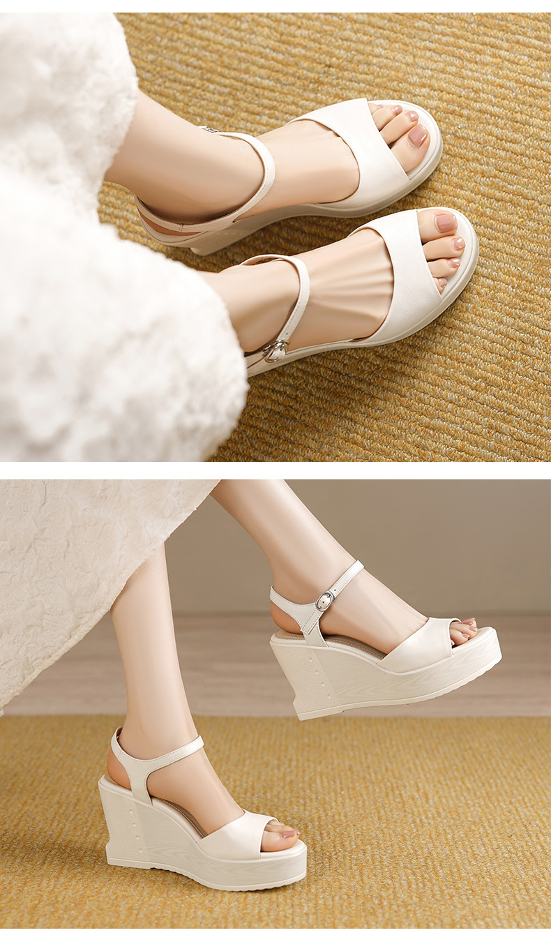 Sandal nữ da bò cao cấp quai ngang mũi hở gót nêm đế platform — màu đen, màu trắng ngà chi tiết 5
