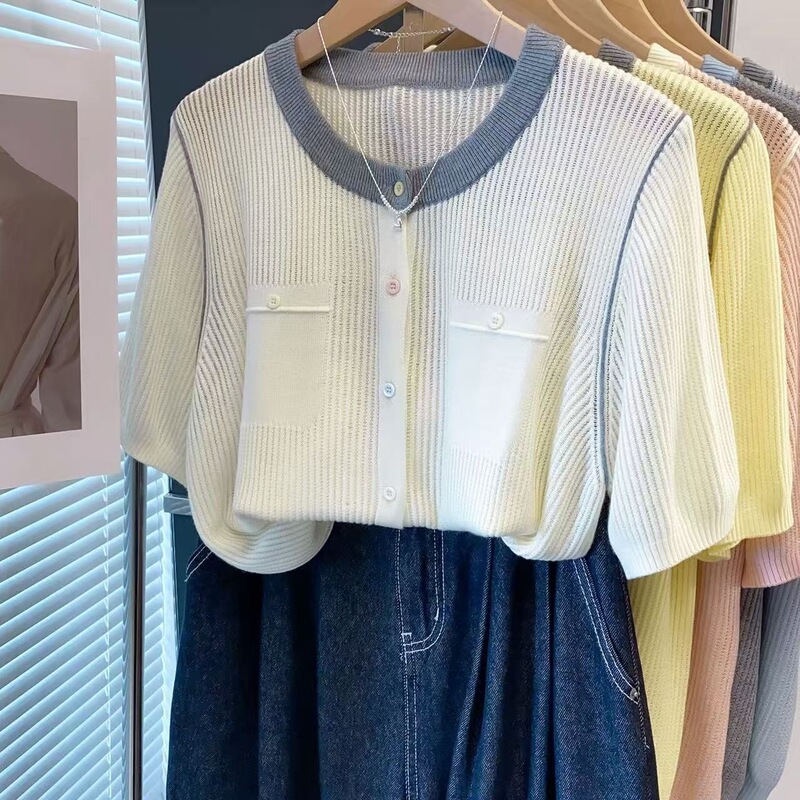 Plus-Size Women's Hollow-Out Round-Neck Knitted Cardigan Sweater, New Summer Style, Loose and Casual Thin Short-Sleeve Top