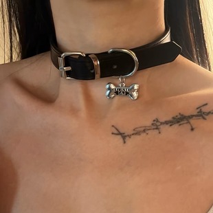 New Y2K Dark Black Neck Ring Choker Leather Puppy Tag Punk Collar Subculture Ins Style Necklace for Women