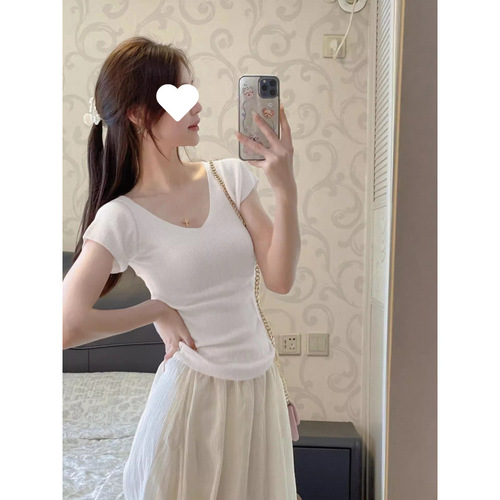 V-neck, small flying sleeves, ice silk short sleeves, women's summer thin style, temperament, figure-fitting, all-matching, slimming, straight shoulder knitted T-shirt top