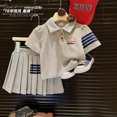 Women's Kids College Style Polo Collared Striped Short Sleeve Top and Skirt Set 2024 for Middle and Small Children Summer Clothing