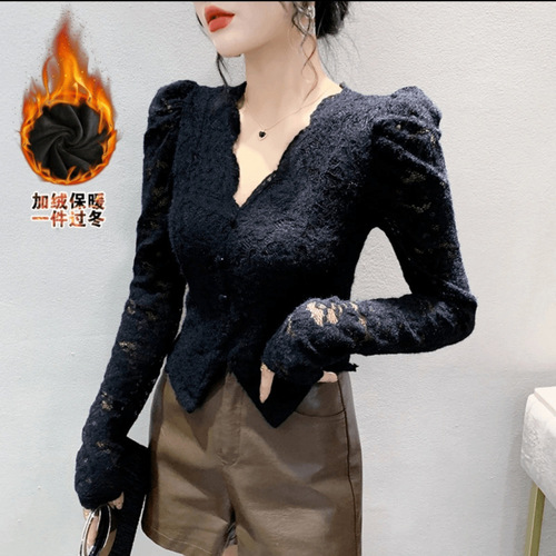 Lined and Thickened French Lace Collar Fashion Bubble Sleeve Blouse for 2025 Autumn/Winter - Versatile Lace Top