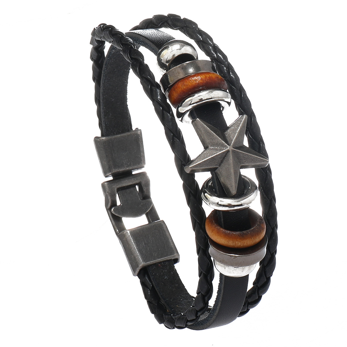 Men's Black Leather Star Charm Bracelet Magnetic Buckle