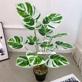 跨境 新品仿真植物12头白油画竹芋 假花盆栽落地植物家居室内摆件