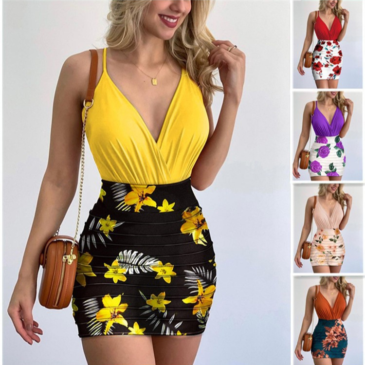 2023 European and American Cross-border New Women's Amazon Bodice and Trendy Floral Print Skirt Set