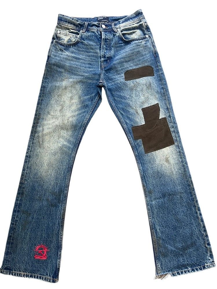 Men's Clothing Heavyweight Flared Jeans With Distressed Corduroy Patches, Washed And Styled Slim Fit And Casual Look._mkmklike.com