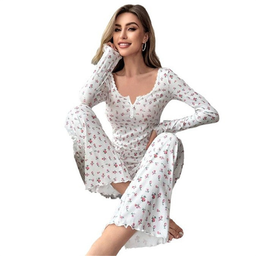 European and American long-sleeved V-neck pajamas small floral print lettuce curling trousers home wear suit women