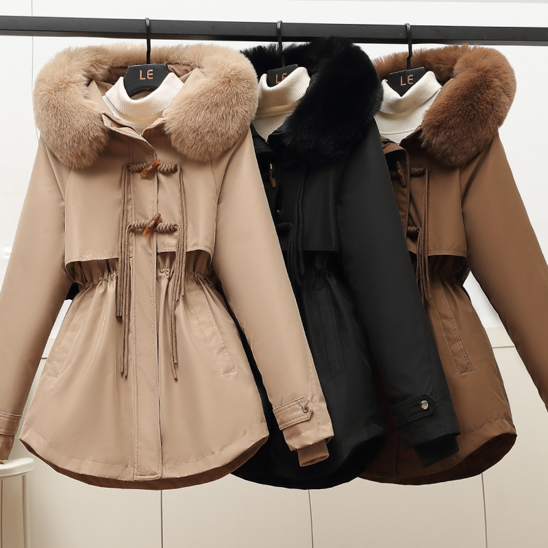 El comercio exterior superó el vello grueso plumón chaqueta de algodón para mujeres de estilo largo estilo coreano de otoño y invierno cintura con capuchón chaqueta de algodón