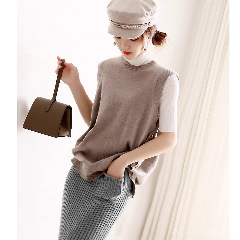 Round Neck Pullover Knitted Cashmere Vest Women's Sweater Wool Vest Large Size College Style Lazy Vest with Patchwork Design