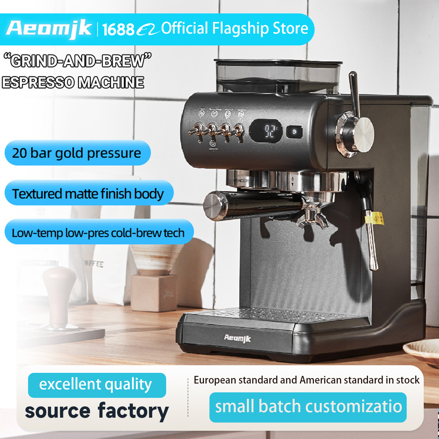 Aeomjk Cross-Border Household Italian Semi-Automatic Coffee Machine Grinding Integrated Hot and Cold Double Extraction Small Steam Milk Frother
