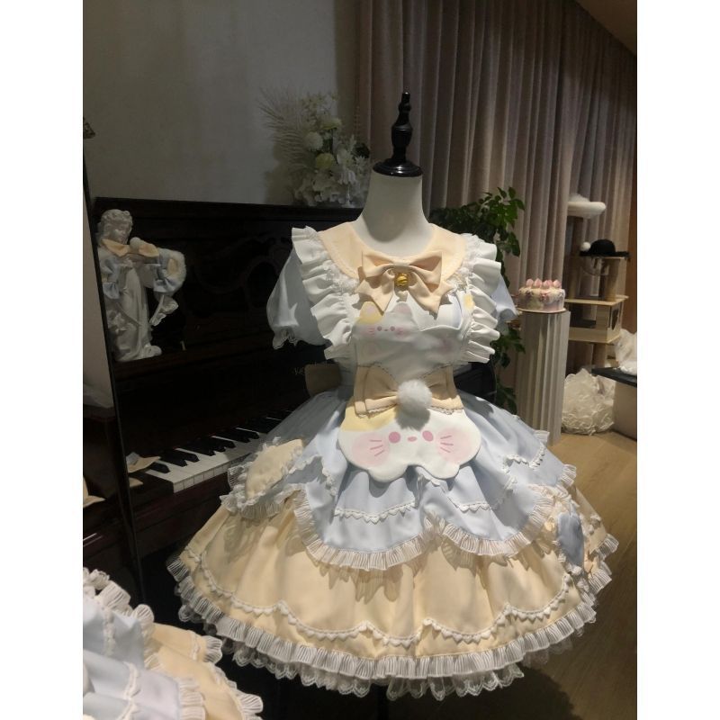 甜美可爱软萌Lolita洛丽塔蕾丝蓬蓬连衣裙蝴蝶结小猫围裙两件套女|undefined