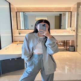 现货AL*秋冬运动休闲宽松拉链女士连帽百搭卫衣开衫情侣外套