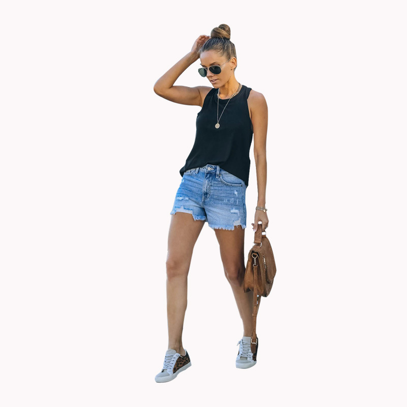 Raw Edge Hole Denim Shorts  NSYD52987