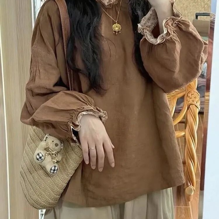 Brown Floral Patchwork Bell-Sleeve Cotton Shirt, Vintage Style, New Product, Super Stylish Top, Fall 2025