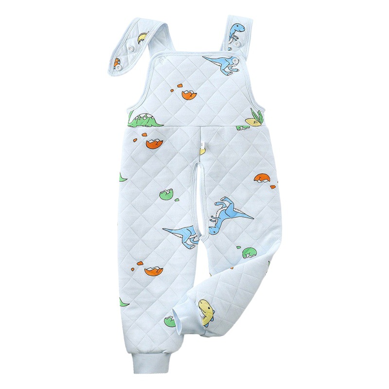 Children's autumn and winter three-layer warm baby quilted thickened pajama pants baby strap open belly protection fleece-lined printed long johns