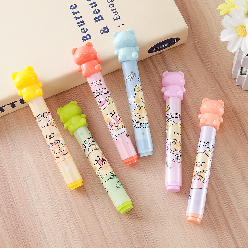 Exhibición en caja resaltador de oso, papelería para estudiantes, resaltador oblicuo de alto valor, marcador de clase, libro de mano de color