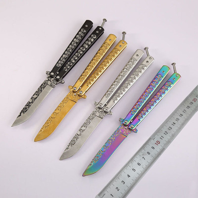 Yangjiang outdoors fold Play it cool pocket knife butterfly train Stainless steel Skull Practice Flail Did not open the blade)