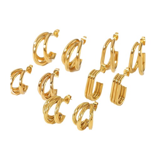 European and American INS style Internet celebrity titanium steel earrings 18k gold double line three line C-shaped earrings light luxury high-end earrings earrings